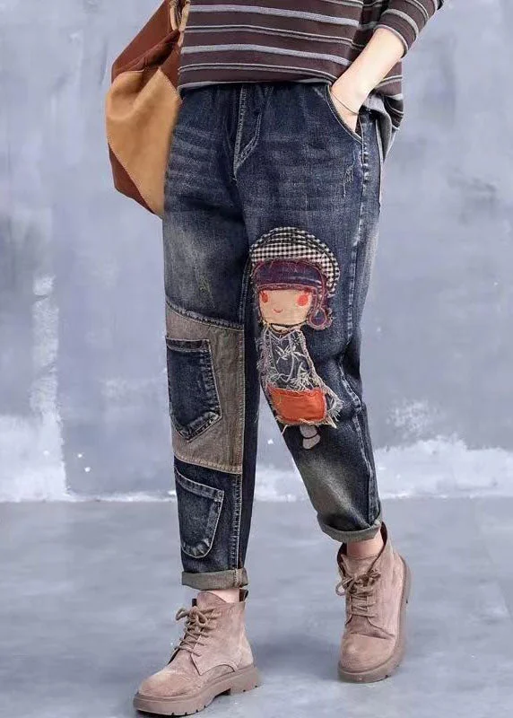 Modern Chic French Grey Embroideried Girl Pockets Patchwork Denim Pants Spring