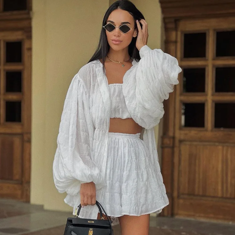 Smart Casuals Casual Summer Long Sleeves Shirts with Strapless Tops and Shorts 3pcs Sets