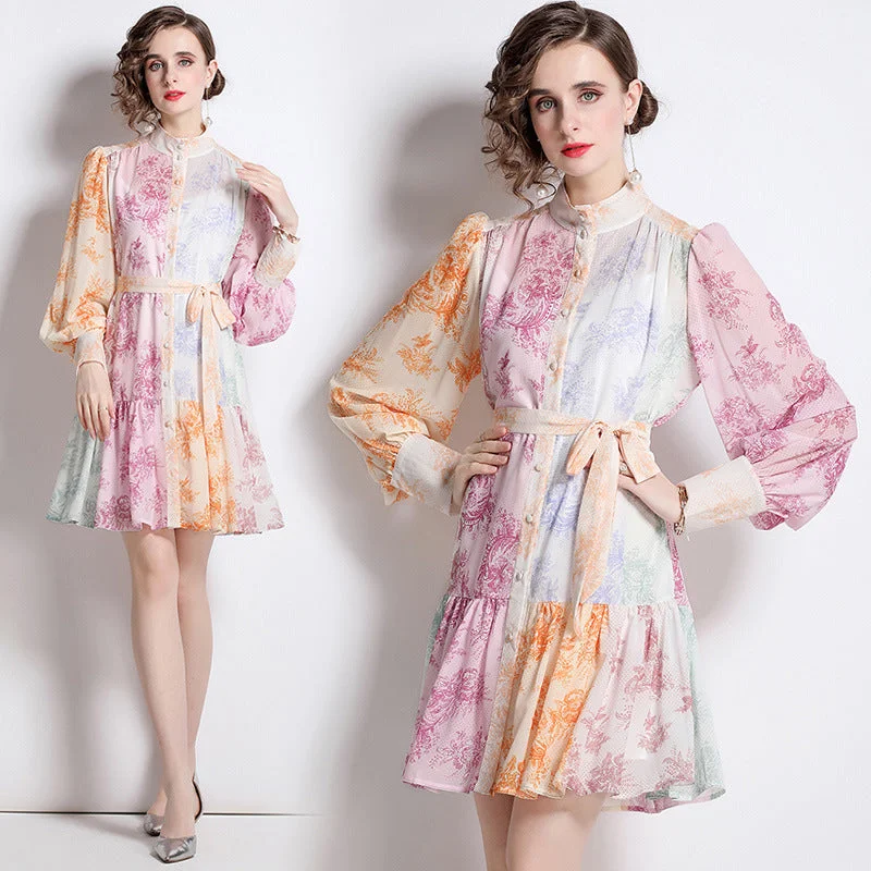 Effortless Outfits Stand Collar Long Sleeve Printed Stitching Mid-length Holiday Dress Two-piece Set