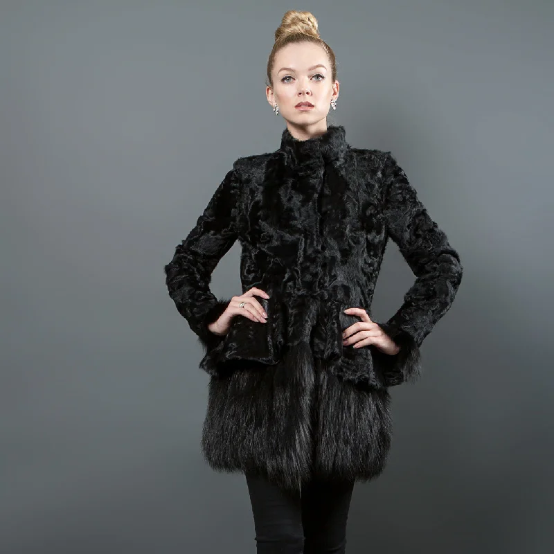 Simple Style Swakara Fur coat with Fox fur