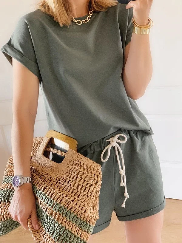 Trendy Wear Casual Loose Round Neck Solid Color Two-piece Suit