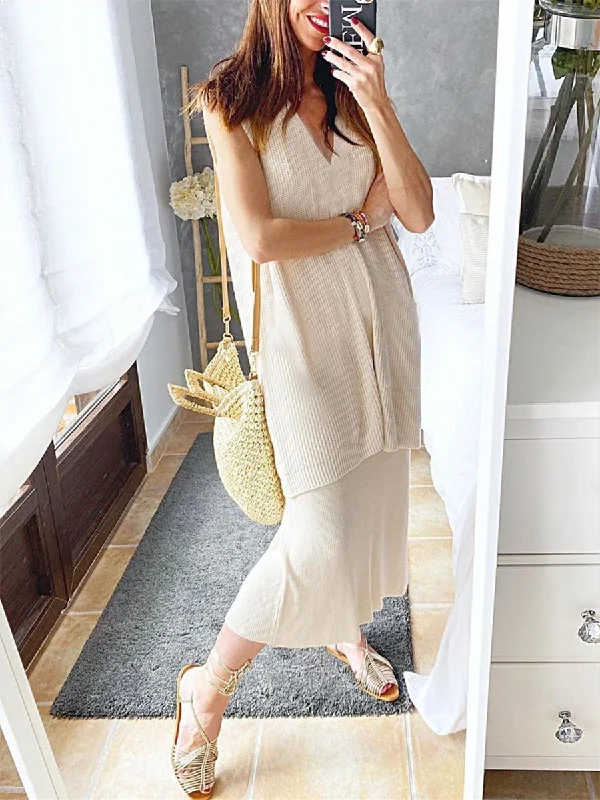 Elegant Fit Simple Casual Loose V Neck Top Skirt Suit