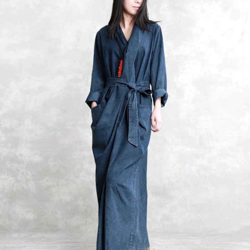 Soft Layers fine denim blue 2018 fall dress casual v neck tie waist traveling dress 2018 long sleeve back side open long dresses Soft Layers fine denim blue 2018 fall dress casual v neck tie waist traveling dress 2018 long sleeve back side open long dresses