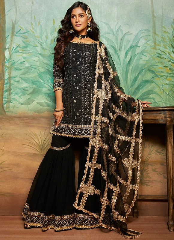 Easy-to-Wear Black and Gold Thread Embroidered Gharara Suit