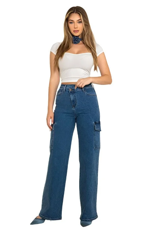 Relaxed Dresses High Rise Crossed Waist Cargo Wide Jeans