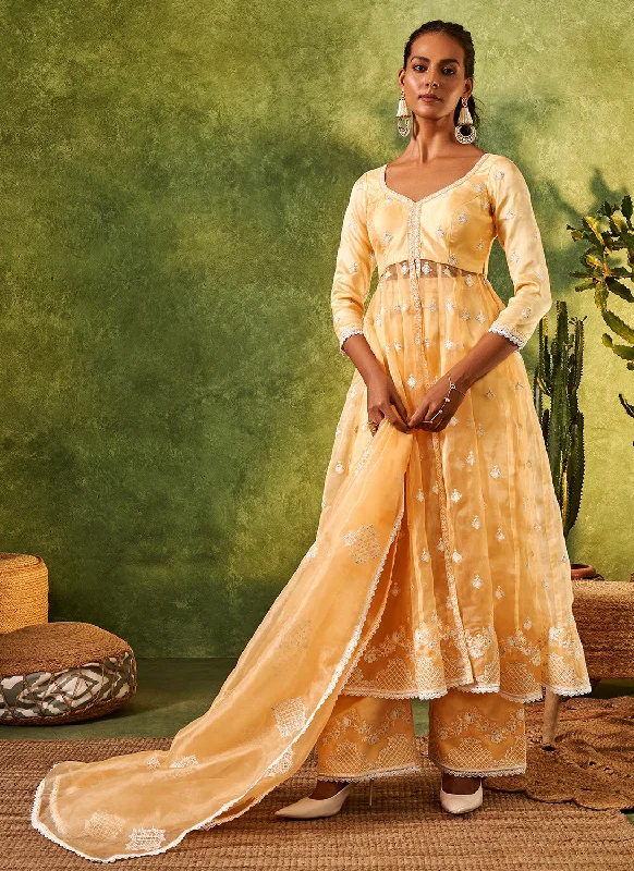 Cozy Knits Yellow Embroidered Organza Anarkali