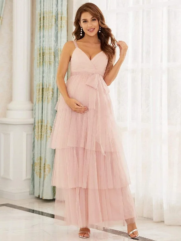 Stylish Wear Tie Waist V-Neck Tiered Floor-length Maternity Dress