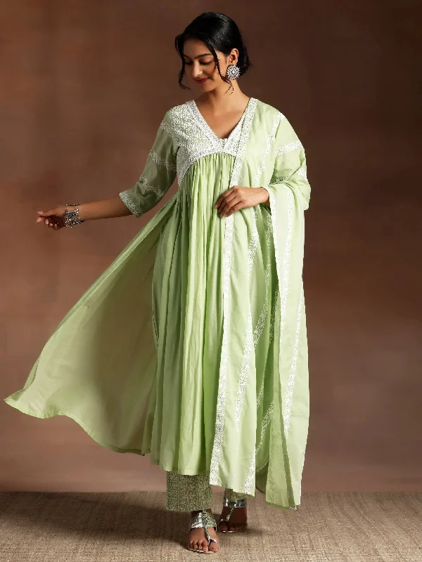 Light Fit Green Embroidered Cotton A-Line Kurta With Palazzos & Dupatta