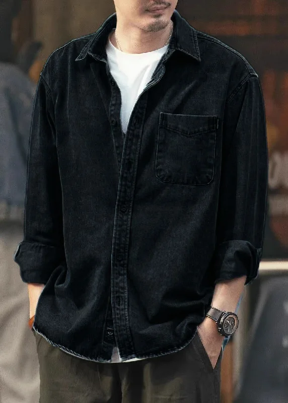 Effortless Wear Simple Black Button Pockets Solid Denim Men Shirts Spring