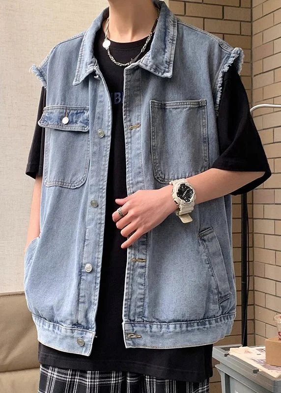 Relaxed Fit Wear Loose Blue Peter Pan Collar Pockets Denim Men Waistcoat Sleeveless