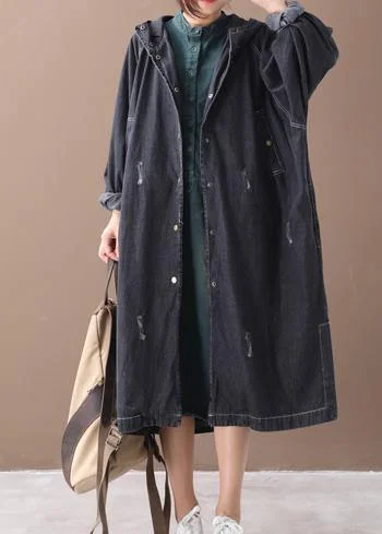 Trendy Looks French denim black Fine coat for woman Shape hooded Hole outwears