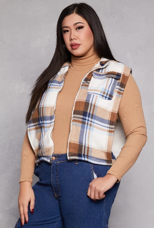 Relaxed Chic Plus Size Plaid Hooded Zip Front Vest