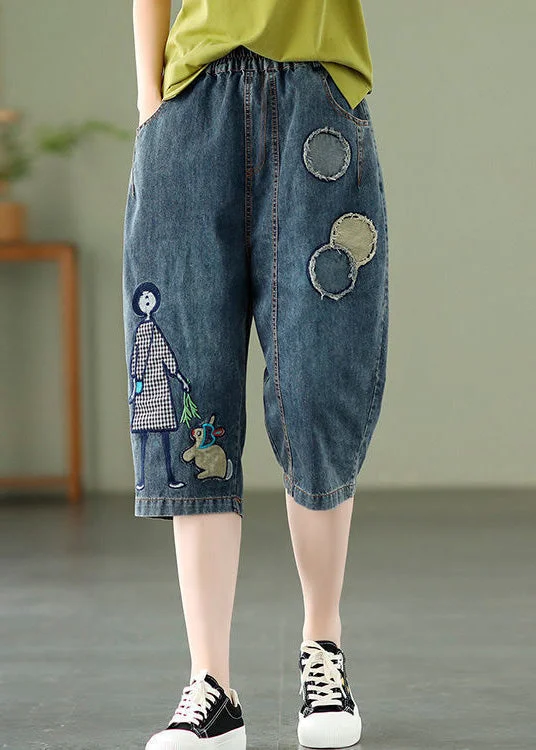 Comfortable Fashion Elegant Blue Embroideried Print Elastic Waist Denim Crop Pants Summer Comfortable Fashion Elegant Blue Embroideried Print Elastic Waist Denim Crop Pants Summer