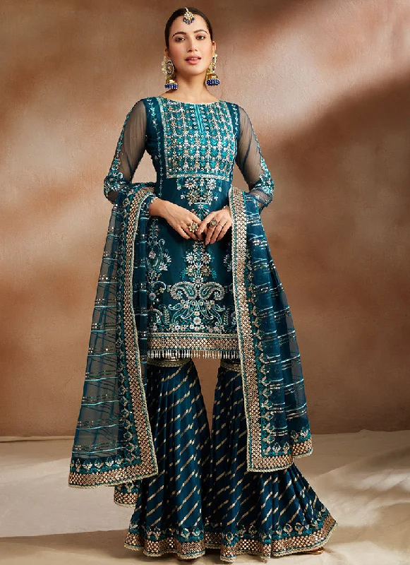 Smart Comfort Wear Dark Teal Heavy Embroidered Gharara Suit