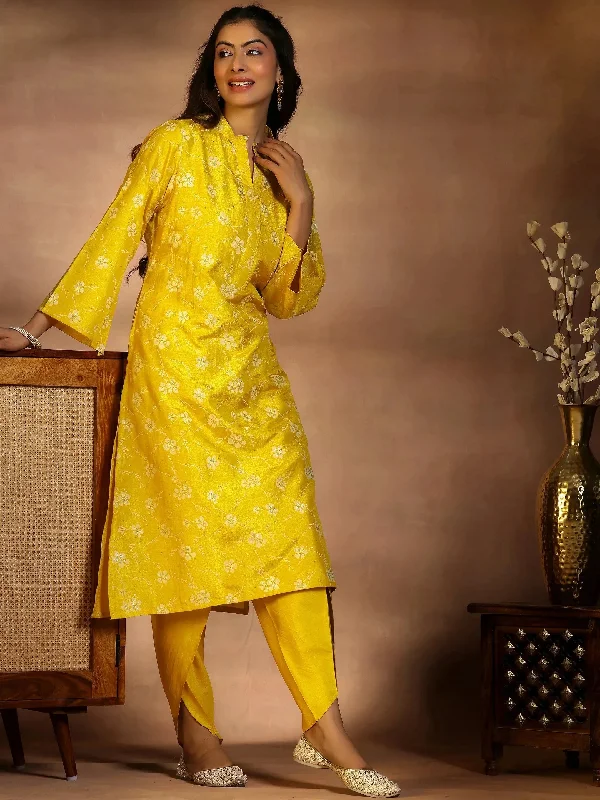 Casual Comfort Mustard Printed Silk Blend Straight Kurta Set