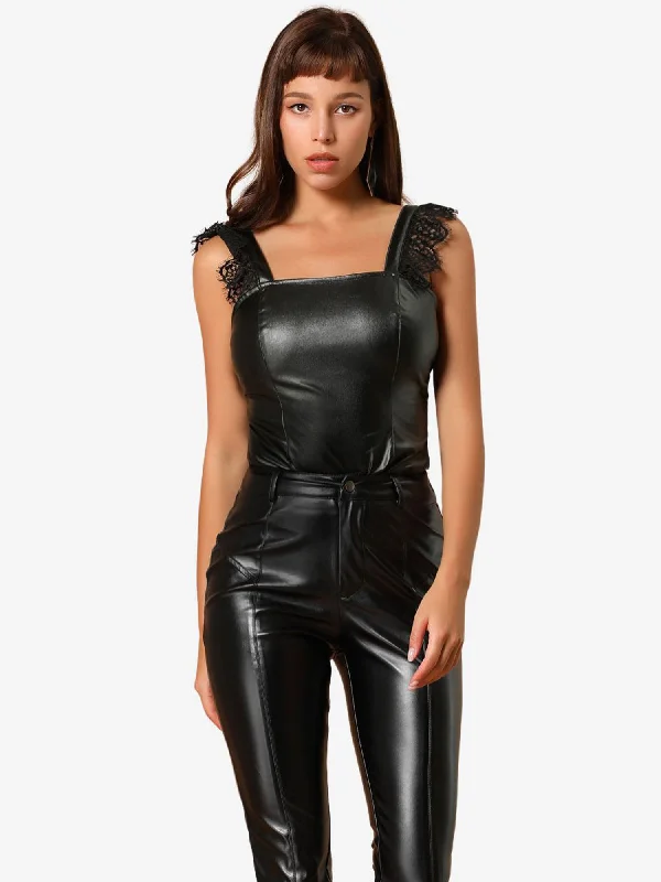 Soft Clothing Lace Trim Party Faux Leather PU Tank Top