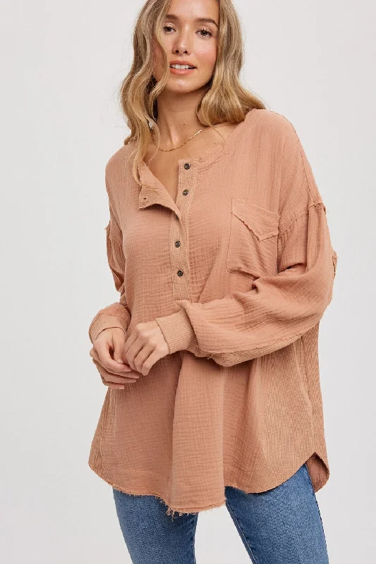 Effortless Wear Mocha Lightweight Button Front Tunic