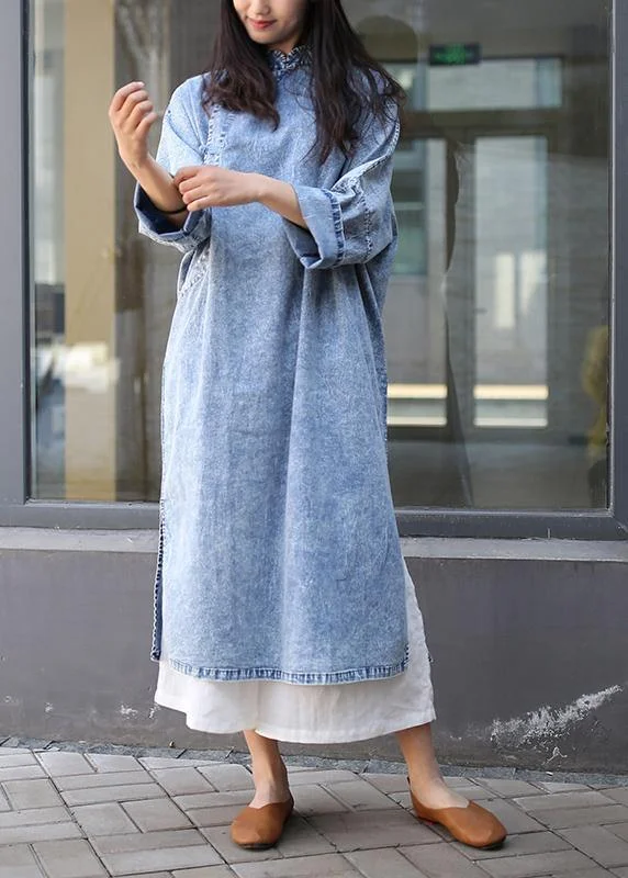 Comfort Fit Loose denim blue Tunics stand collar side open Plus Size Dresses