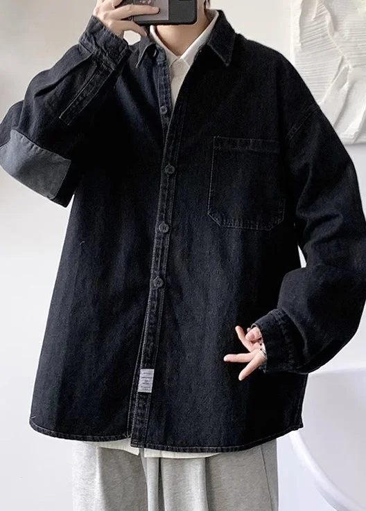 Comfortable Looks Black Button Loose Denim Men Shirts Peter Pan Collar Spring