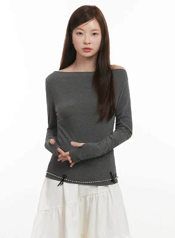 Sporty Comfort Chic Boat Neck Long Sleeve Top IJ527