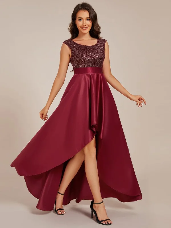 Stylish Ease Faye | Sleeveless Sequin Top High-Low Formal Evening Dress with Satin