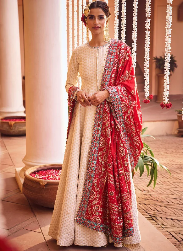Sporty Wear Off White and Red Embroidered Anarkali