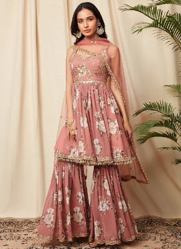 Soft Casuals Dusty Rose Floral Georgette Gharara Suit