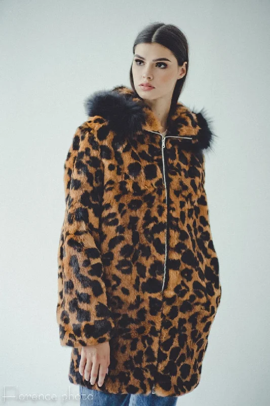 Versatile Casuals Rabbit Fur Jacket with Hood (Leopard)