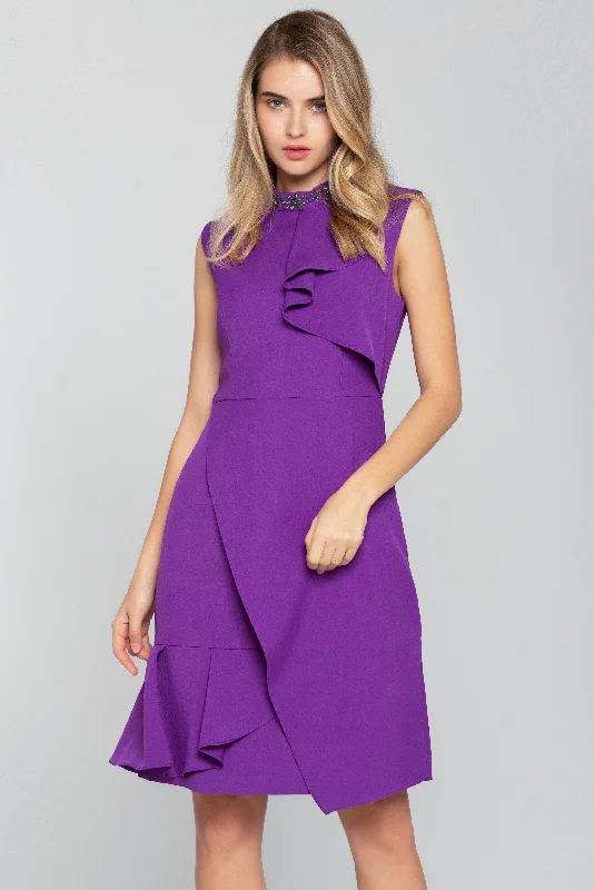 Comfortable Sweaters Purple Asymmetrical Ruffles Sleeveless Midi Dress