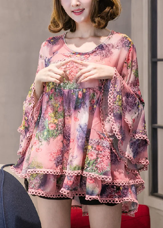 Chic Outfits Pink O-Neck Print Chiffon Top Long Sleeve