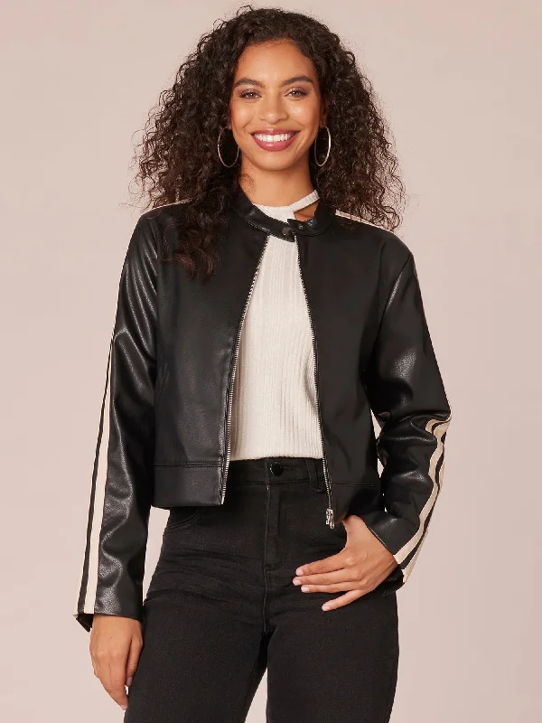 Stylish Jackets Long Sleeve Zip Front High Round Neck Biker Jacket with Welt Pockets
