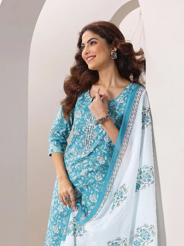 Casual Chic Outfits Blue Printed Cotton Straight Suit Set With Dupatta