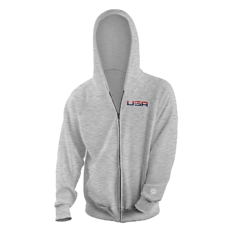 Comfy Layers Retro USA Grey Embroidery Valuetainment Performance Full Zip Hoodie