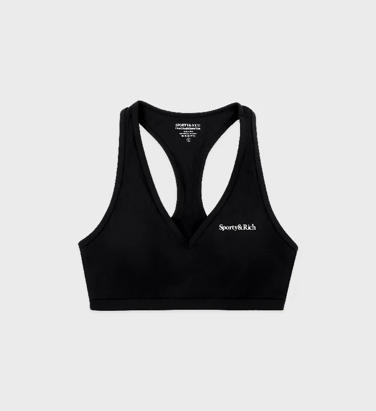 Trendy Looks Serif Logo V Neck Sports Bra - Black/White