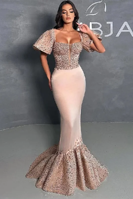 Relaxed Chic Amazing Pearls Mermaid Prom Dresses Beaded Sheer Plunging Neckline