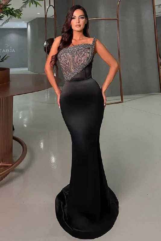 Soft Looks Black Mermaid Beaded Evening Dresses One Shoulder Neckline