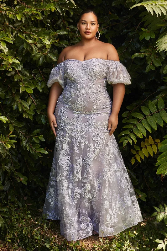 Comfort Fit CINDERELLA DIVINE CD956C Plus Size Fitted Off-Shoulder Stretch Velvet Gown