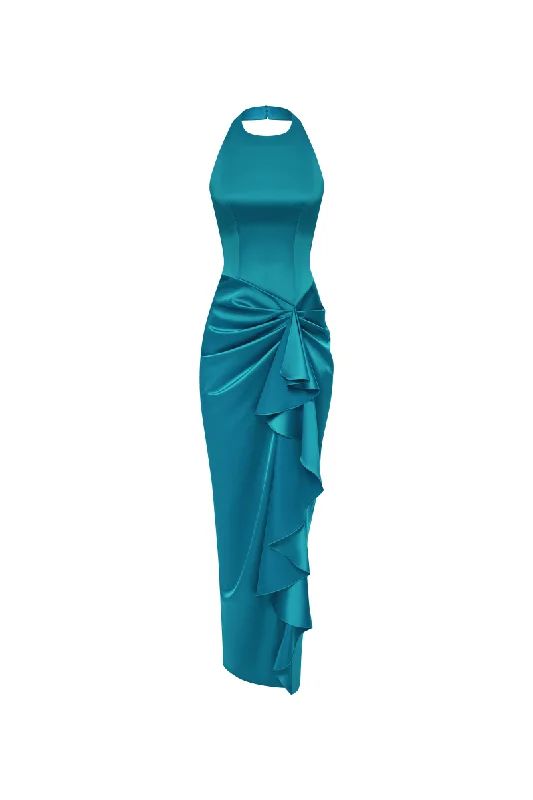 Soft Style Draped satin maxi dress with ruffle