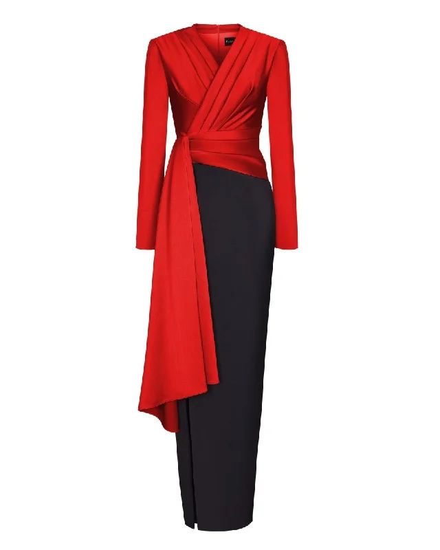 All-Day Wear Draped satin maxi dress with voluminous shoulders