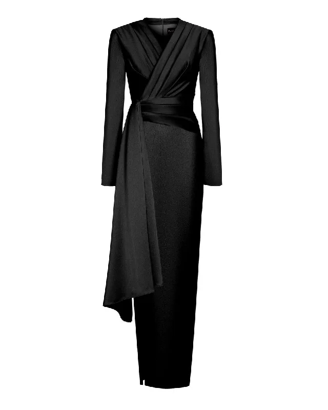 Breathable Comfort Draped satin maxi dress with voluminous shoulders