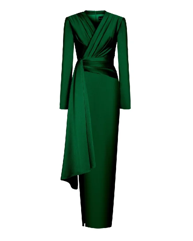 Layered Comfort Draped satin maxi dress with voluminous shoulders