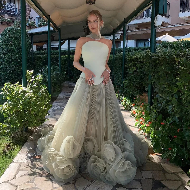 Relaxed Chic Elegant Green Strapless 3D Flowers Evening Dress SF300
