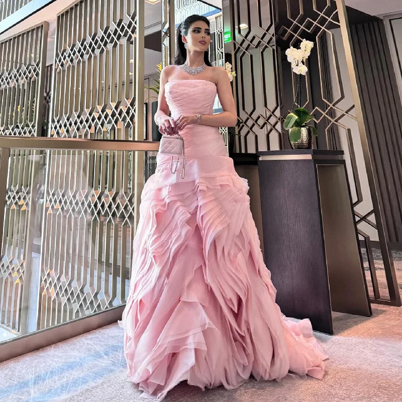 Chic Comfort Elegant Strapless Ruffles Pink Evening Dress SF040