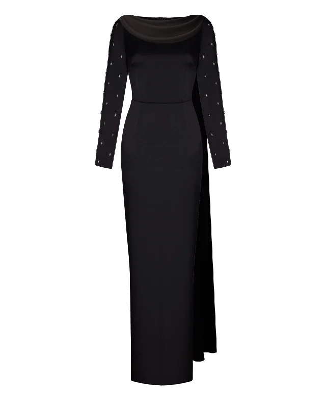 Soft Layers Embroidered satin maxi dress with draped collar