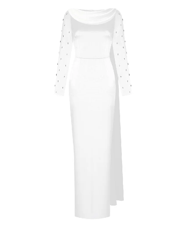 Comfy Dress Embroidered satin maxi dress with draped collar