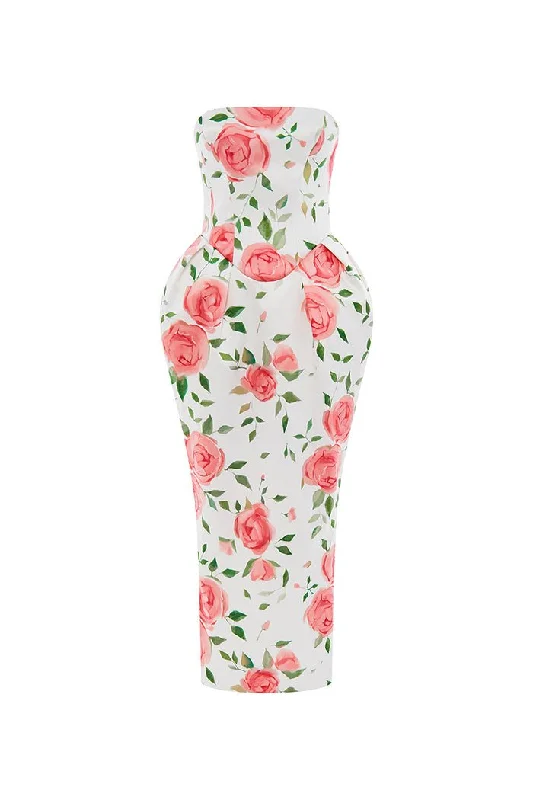 Trendy Dresses Floral printed satin long midi dress with voluminous skirt
