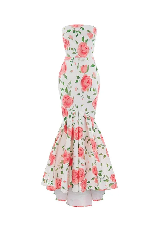 Cozy Fashion Floral printed satin maxi dress with ruffled skirt