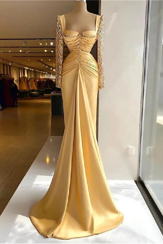 Easy Chic Gold Square Collar Evening Gown Full Sleeves