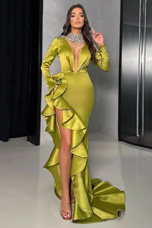 Cozy Layers Green Mermaid Prom Dresses Beaded Side Split Evening Gowns