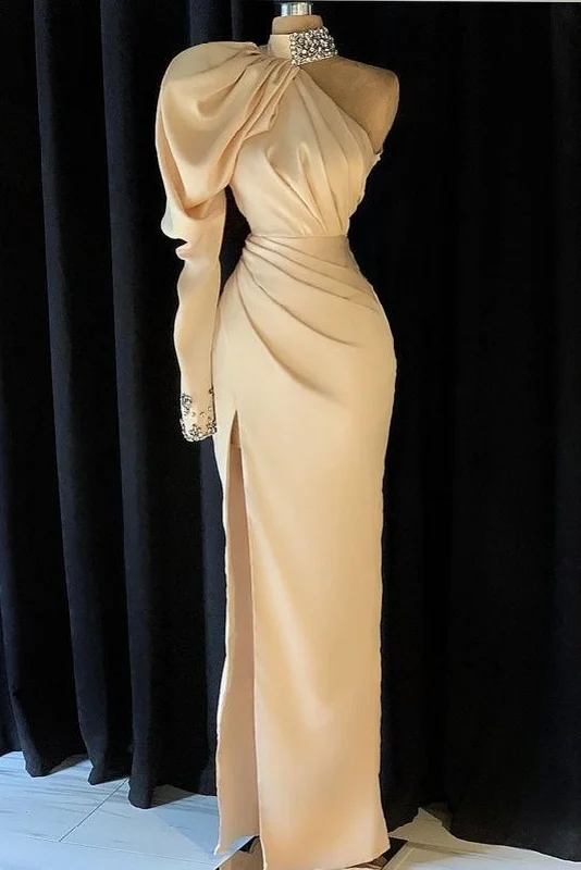 Cozy Apparel High Neck One Shoulder Sheath Slit Women Evening Dress